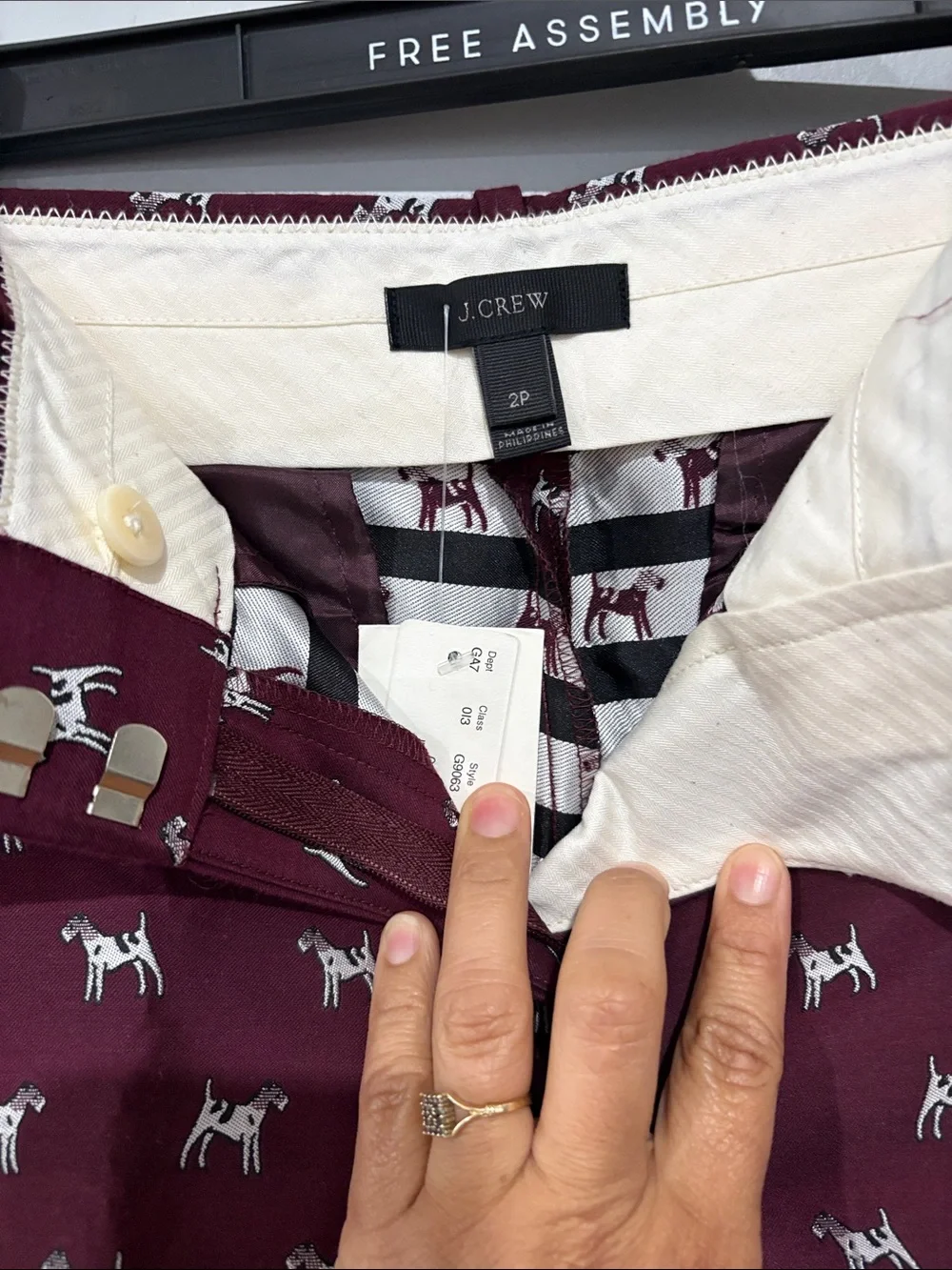 J. Crew Burgundy Ankle Pants with White Dog Print